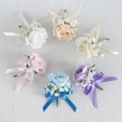 Artificial Rose Boutonniere Satin Flower Satin Ribbon Rhinestone Accent Wedding Groom Bride Formal Party Accessories