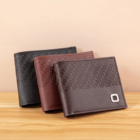 Men Short Bifold Wallet PU Leather Woven Pattern RFID Blocking Multi Card Slots Vintage Business Style