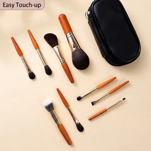 Mini Brochas De Maquillaje Portátiles Herramientas Cosméticas De Viaje Profesionales Mango De Madera Fibra Sintética Cerdas Suaves Con Bolsa