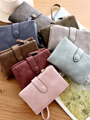 Women Short Wallet Frosted PU Leather Card Holder Bifold Zipper Coin Purse With Wrist Strap Korean Style