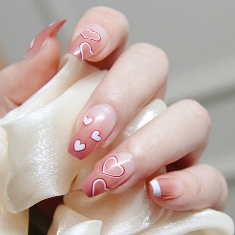 Press On Nails Pink Gradient Love Heart French Style Long Coffin Artificial False Finger Nails With Glue