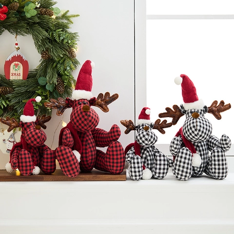 Poupée En Peluche Renne De Noël Tissu À Carreaux Ornement Bonnet En Tricot Rouge Écharpe Décoration De Table Maison