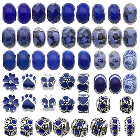 Blue Resin Enamel Large Hole Charm Beads Alloy Silver Plated Flower Heart Paw Spacer Beads For DIY Bracelet Jewelry Making