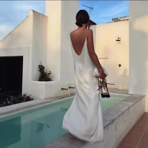 Women Satin Cami Dress Side Slit Open Back Spaghetti Strap Solid White Midi Elegant Summer Holiday Party Slip Dresses