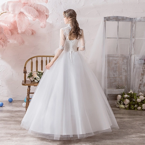 Elegantes Hochzeitskleid Mit Spitzenbestickung Übergröße Langarm Stehkragen Ballkleid Brautkleid Retro Vintage
