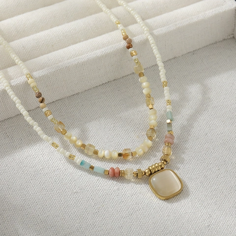Handmade Natural Stone Shell Beaded Necklace With Stainless Steel Square Pendant Boho Chic Summer Jewelry For Women