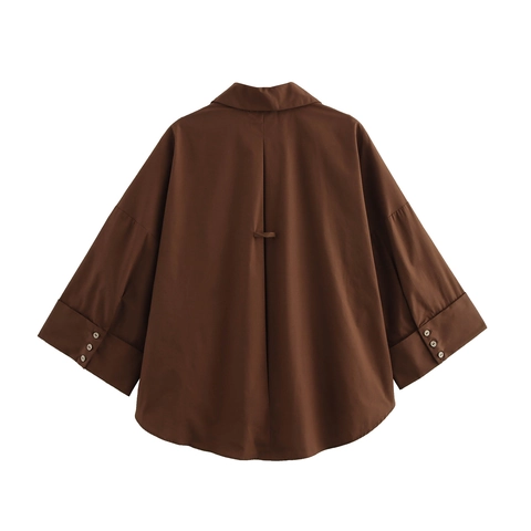 Dames Blouse Met V-Hals Poplin Polyester Losse Pasvorm Wijde Mouwen Knoopsluiting Casual Japanse Stijl Effen Donkerbruin