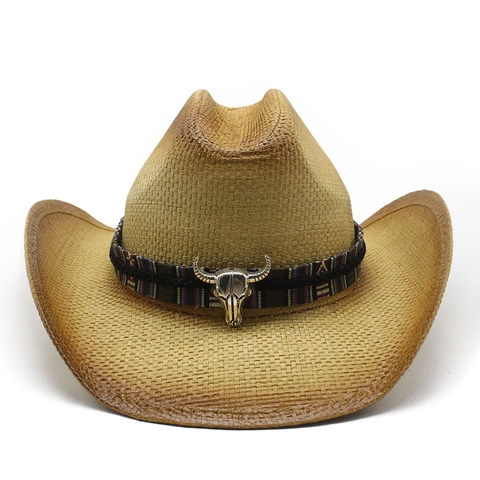 Western Straw Cowboy Hat With Bull Skull Buckle Ethnic Braided Band Wide Brim Sun Protection Vacation Beach Retro Style