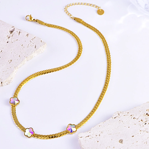Stainless Steel Gold Plated Necklace Bracelet Jewelry Set Iridescent Flower Pendants Flat Snake Chain Women