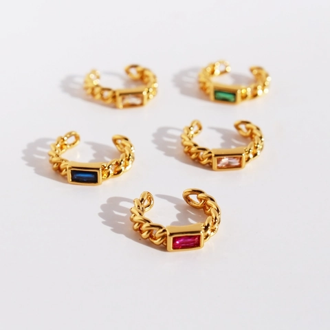 Ear Cuff in Ottone con Zirconia e Orecchini a Cerchio Placcati Oro Catena Geometrica Pietra Rettangolare Gioielli Donna
