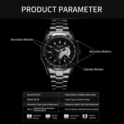 WLISTH Men Quartz Watch Waterproof Luminous Business Sport Chronograph Stainless Steel Strap Tachymeter Calendar