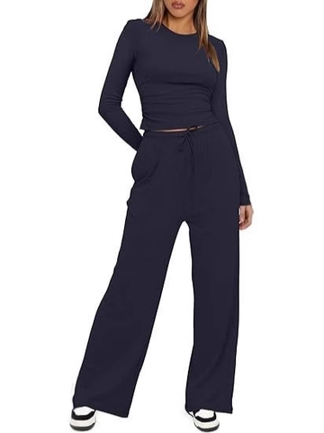 Women Casual Loungewear Long Sleeve Round Neck Top And Drawstring Wide Leg Pants Ribbed Knit Solid Color
