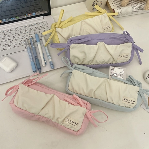 Astuccio Per Matite Grande Capacità Tessuto Decorazione Fiocco Organizer Cancelleria Borsa Colores Macaron Per Studenti