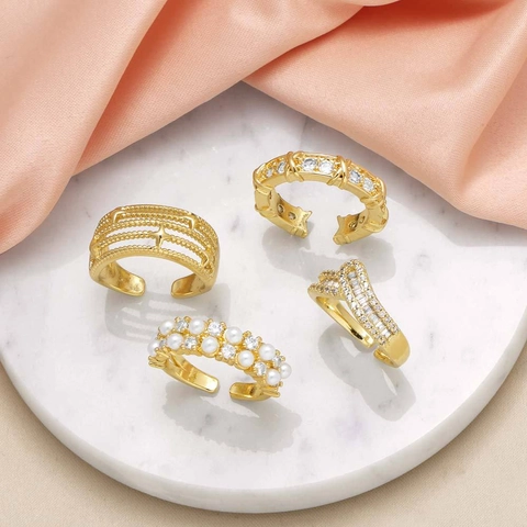 Fashion Copper 18K Gold Plated Double Layer Open Ring For Women Irregular Rhinestone Artificial Pearl Adjustable Jewelry