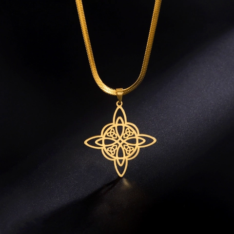 Damen Edelstahl Hexenknoten Anhänger Halskette Keltischer Knoten Hohl Flache Schlangenkette Gold Silber Mystery Schmuck