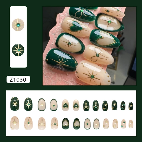 Uñas Postizas Ovaladas Color Verde Oscuro Brillante Con Pedrería Estrellas Y Lazos Uñas Artificiales