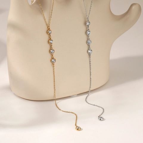 Y-Shaped Long Drop Necklace 304 Stainless Steel Cubic Zirconia PVD Plated Waterproof Hypoallergenic Women Fashion Jewelry