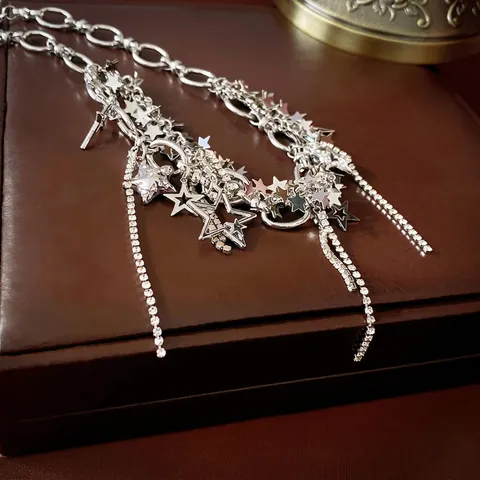 Collar Con Colgante De Estrella Y Borla Aleación Diamantes De Imitación Cadena Larga Joyería Para Mujer Estilo Punk Y2K