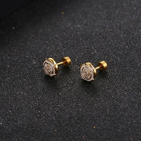 Titanium Steel Rose Flower Stud Earrings For Women Gold Plated Enamel Screw Back Hypoallergenic Vintage Floral Jewelry Earrings