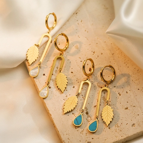 Pendientes De Gota Con Hoja Acero Inoxidable Chapado En Oro Con Colgante De Lágrima De Concha Turquesa Joyería Vintage