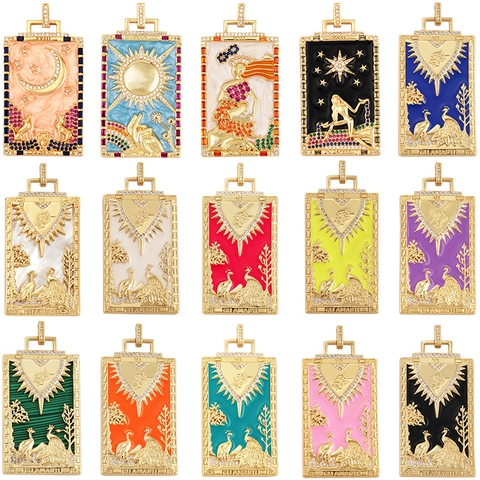 Tarot Card Pendants Gold Plated Alloy Colorful Enamel Zircon Inlay Rectangle Mystery Charms For Jewelry Making DIY