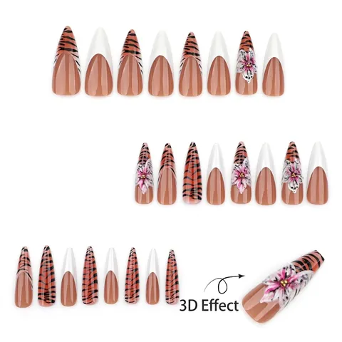 Extra Lange Stiletto Kunstnägel French White V Tip 3D Rosa Blumendekor Und Tiger Print Kräftige Chic Künstliche Nägel