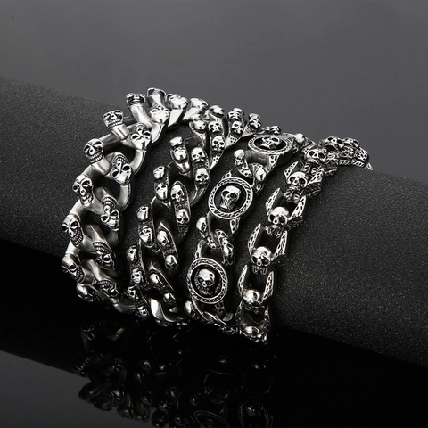 Pulsera Calavera Hombre Acero Inoxidable Punk Gótico Esqueleto Joyería Retro Cadena Vintage