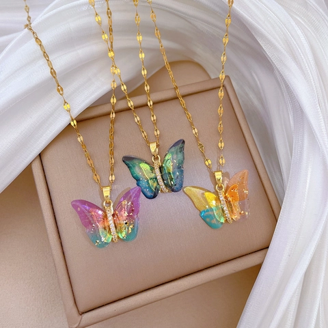 Vlinder Hanger Ketting Roestvrijstalen Ketting Verloop Hars Bladgoud Strass Kleurrijke Elegante Sieraden Voor Dames