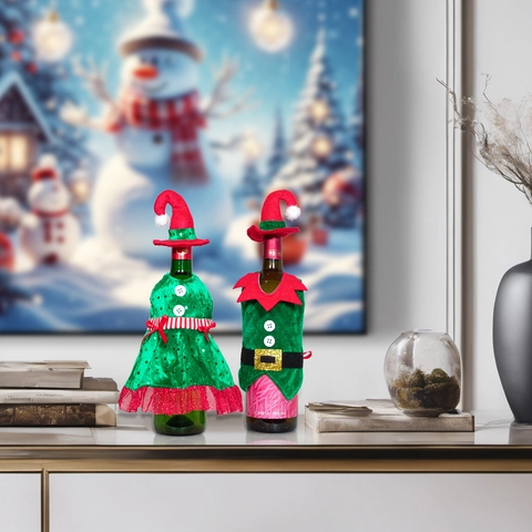 Fundas Botella Vino Navidad Vestido Elfo Sombrero Lentejuelas Terciopelo Tela No Tejida Decoración Mesa Fiesta