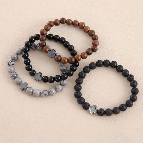 Cross Charm Beaded Bracelet Natural Stone Lava Rock Tiger Eye Wood Hematite Elastic Religious Jewelry For Men Women