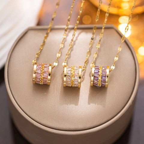 Fashion Titanium Steel Zirconia Necklace For Women Minimalist Korean Style Gold Cylinder Pendant Necklace Clavicle Chain Gift