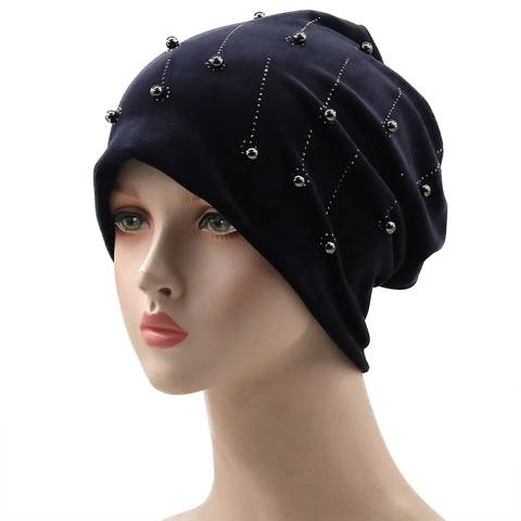 Gorro Beanie De Terciopelo Para Mujer Decoración De Pedrería Y Cuentas Cálido Doble Capa Elástico