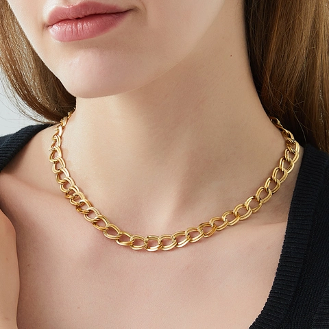 Collana E Bracciale A Catena Grossa In Acciaio Al Titanio Placcato Oro 18K Maglie Doppie Intrecciate Testurizzate Donna