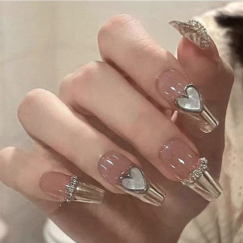 Glossy French Tip False Nails With Heart Bow Rhinestone Design Long Coffin Almond Press On Nails For Women Manicure
