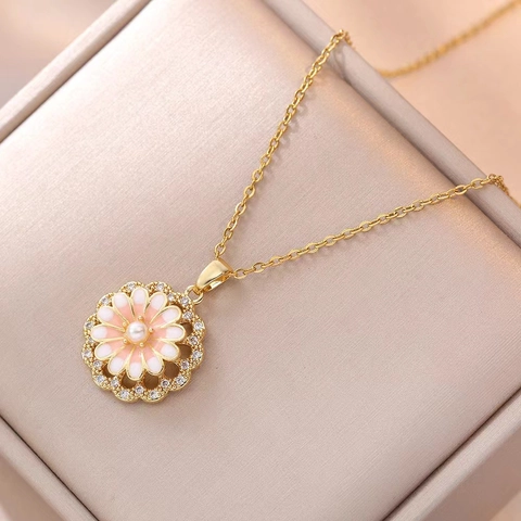 Rotating Daisy Flower Pendant Necklace And Ring Titanium Steel Enamel Zircon Artificial Pearl Fashion Jewelry For Women