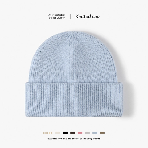 Gorro De Punto Beanie Mezcla De Lana Acanalado Grueso Cálido Dobladillo Color Sólido Exterior Invierno Mujer Hombre