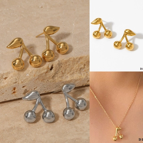 Gioielli In Acciaio Inossidabile Lucido Orecchini E Collana Ciliegia Piccola Forma Di Frutta Moda Per Donna