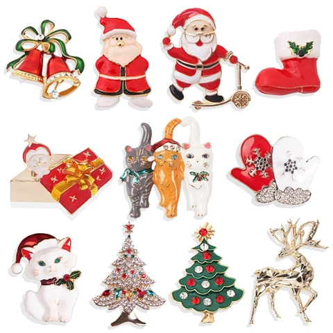 Christmas Brooches Enamel Pins Alloy Rhinestone Santa Claus Reindeer Cat Tree Festive Holiday Jewelry Gifts For Women