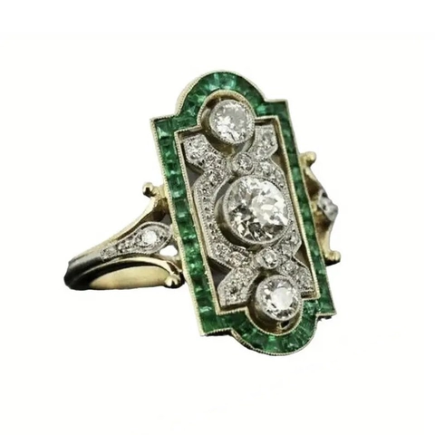 Art Deco Vintage Ring Copper With Zircon And Green Stone Hollow Geometric Rectangular Palace Style Jewelry For Women