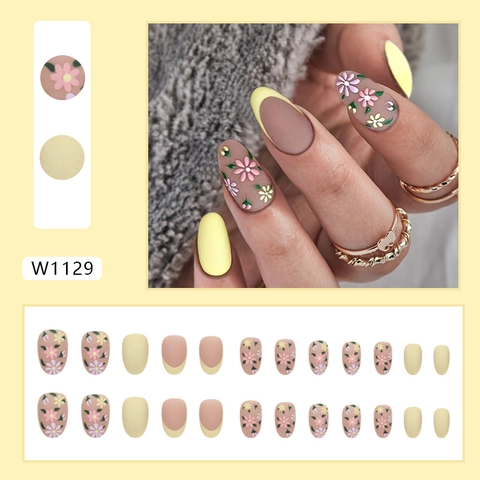 Press On Unghie Opache Vintage Floreale Francese Ovale Corte Giallo Zenzero Stile Autunnale Punte Per Unghie Per Donne