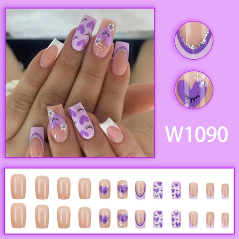 Unghie Finte Press On Viola Motivo Cuore Occhio Stile Francese Lucido Per Donne Nail Art Dolce