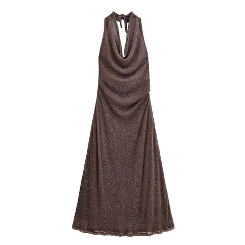 Metallic Glinsterende Halter Col Maxi Jurk Rugloos Slim Fit Elegant Avondfeest Cocktail Schittering