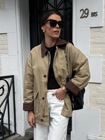 Giacca Utility Donna Colletto Velluto A Coste Vintage Cappotto Abbottonato Streetwear Casual Capispalla Allentato