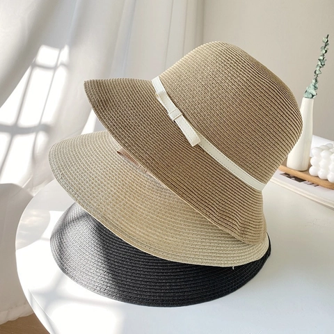 Women Woven Straw Bucket Hat UV Protection Breathable Beach Sun Hat With Ribbon Bow Elegant Japanese Style Vacation