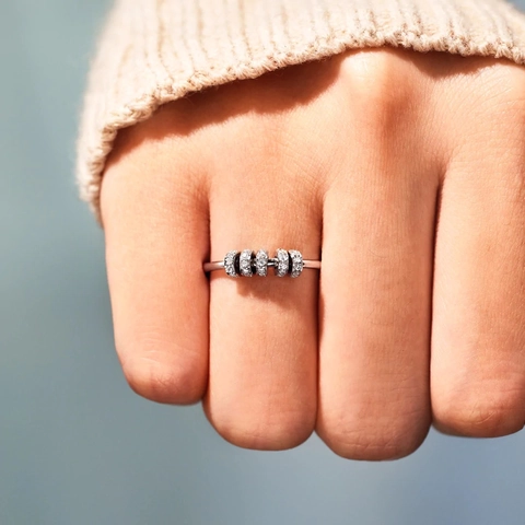 925 Sterling Silver Spinner Anxiety Ring For Women Colorful Rhinestone Fidget Beads Stress Relief Jewelry Adjustable Finger Ring