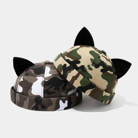 Berretto Docker Con Orecchie Di Gatto Mimetico Cappello Senza Tesa Streetwear Hip Hop Regolabile Poliestere Unisex