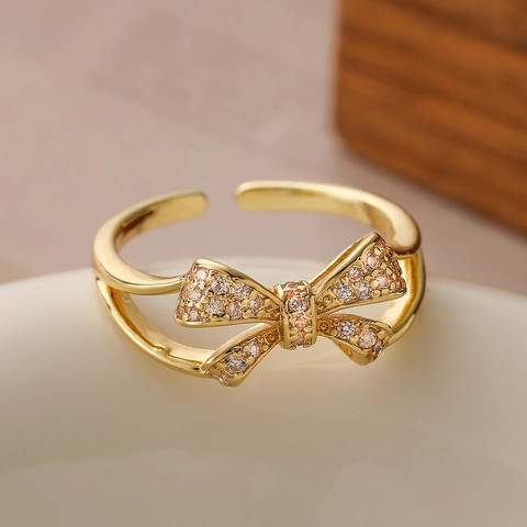 Bowknot Adjustable Open Ring Real Gold Plated Brass Micro Pave Zircon Sweet Elegant Fashion Daily Jewelry For Women