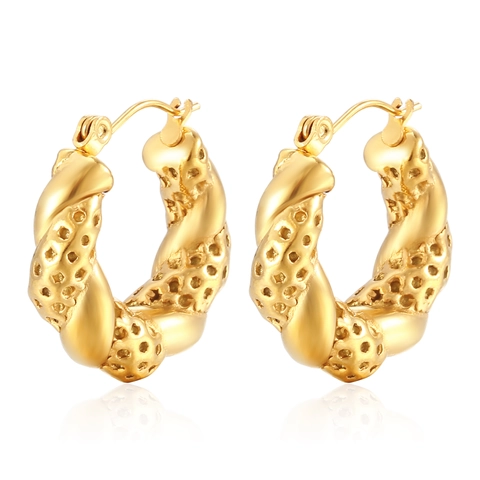 Pendientes De Aro Retorcidos Acero Inoxidable Textura Puntos Huecos Retro Geométrico Baño Oro 18K Para Mujeres
