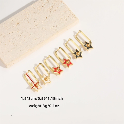 Minimalistische Koperen Ster Hangende Oorbellen Vergulde Rechthoekige Ring Emaille Pentagram Oorbellen Voor Dames