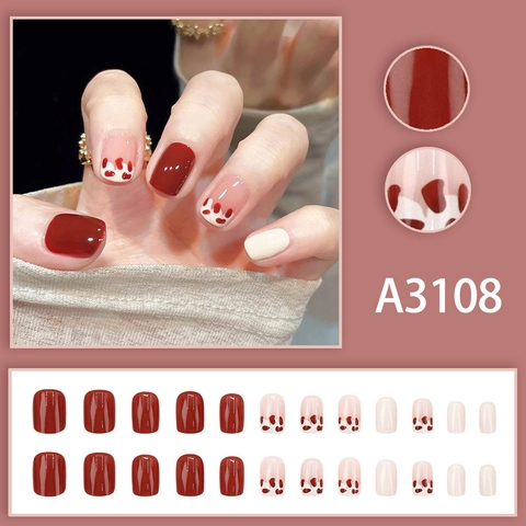 Uñas Postizas Con Estampado De Vaca Roja Cortas Cuadradas Dulces Estilo Manicura Artificial De ABS Para Mujeres